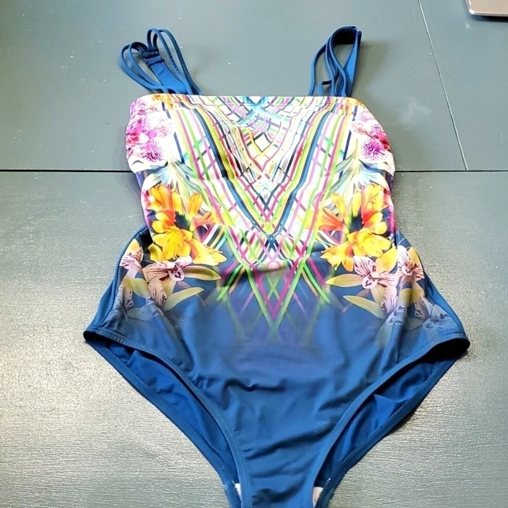 AMOENA one peice bathing suit. Size 10B. Blue with floral design. Cruise, resort